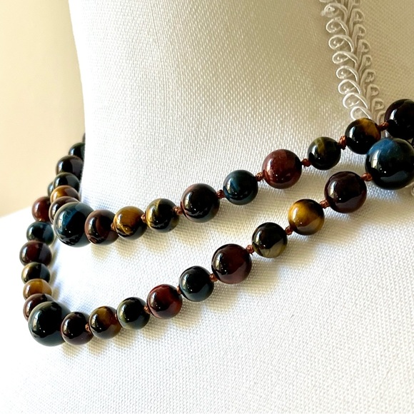 NATURAL TIGERS EYE | Multicolored Gemstones Tigers Eye Round Beaded Necklace 33” - Picture 11 of 15